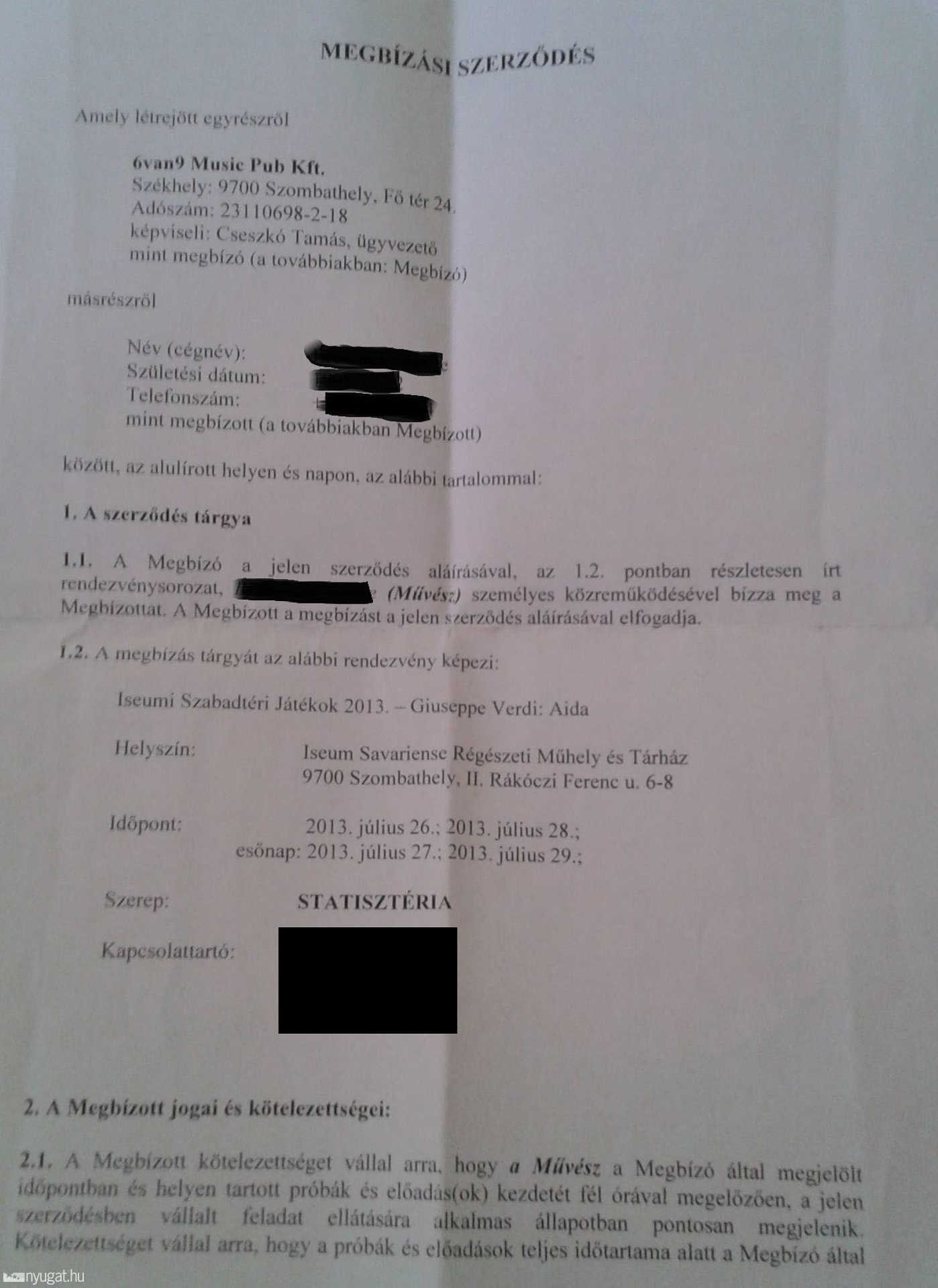 Az Aida statisztáinak szerződése és nyugtái