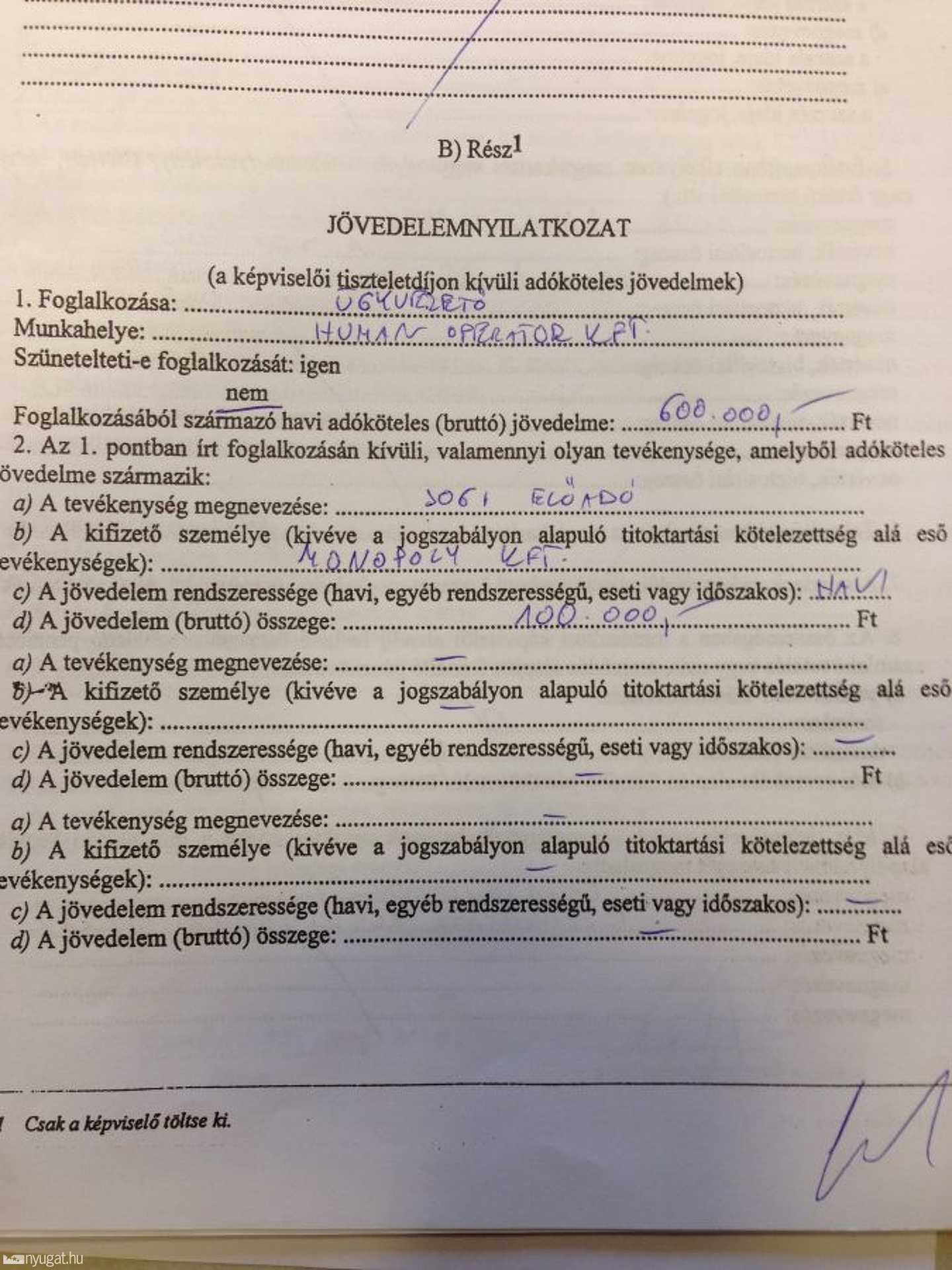 Részlet Czeglédy 2007-es vagyonnyilatkozatából