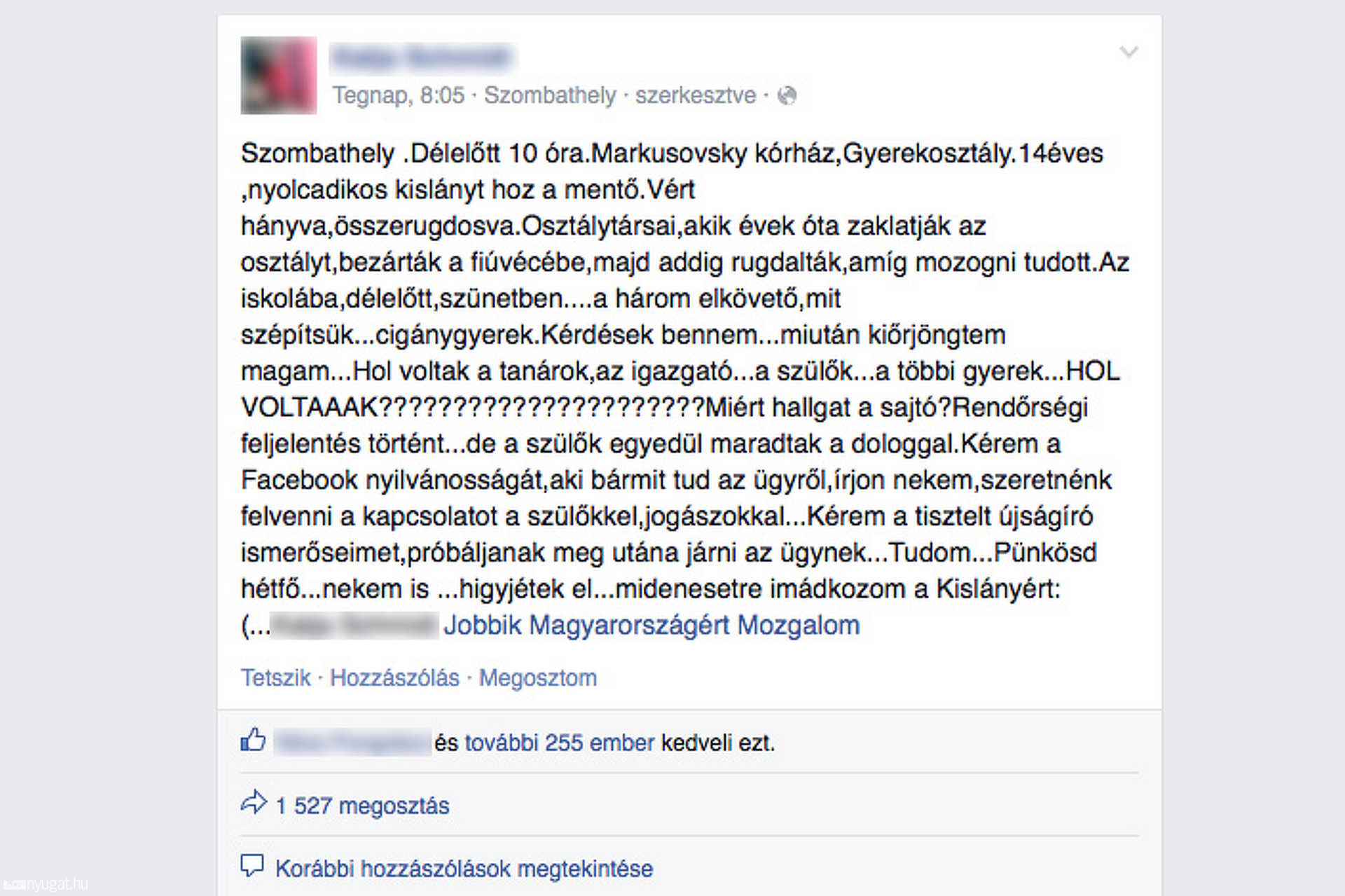 Facebook poszt a gércei gyermekverésről