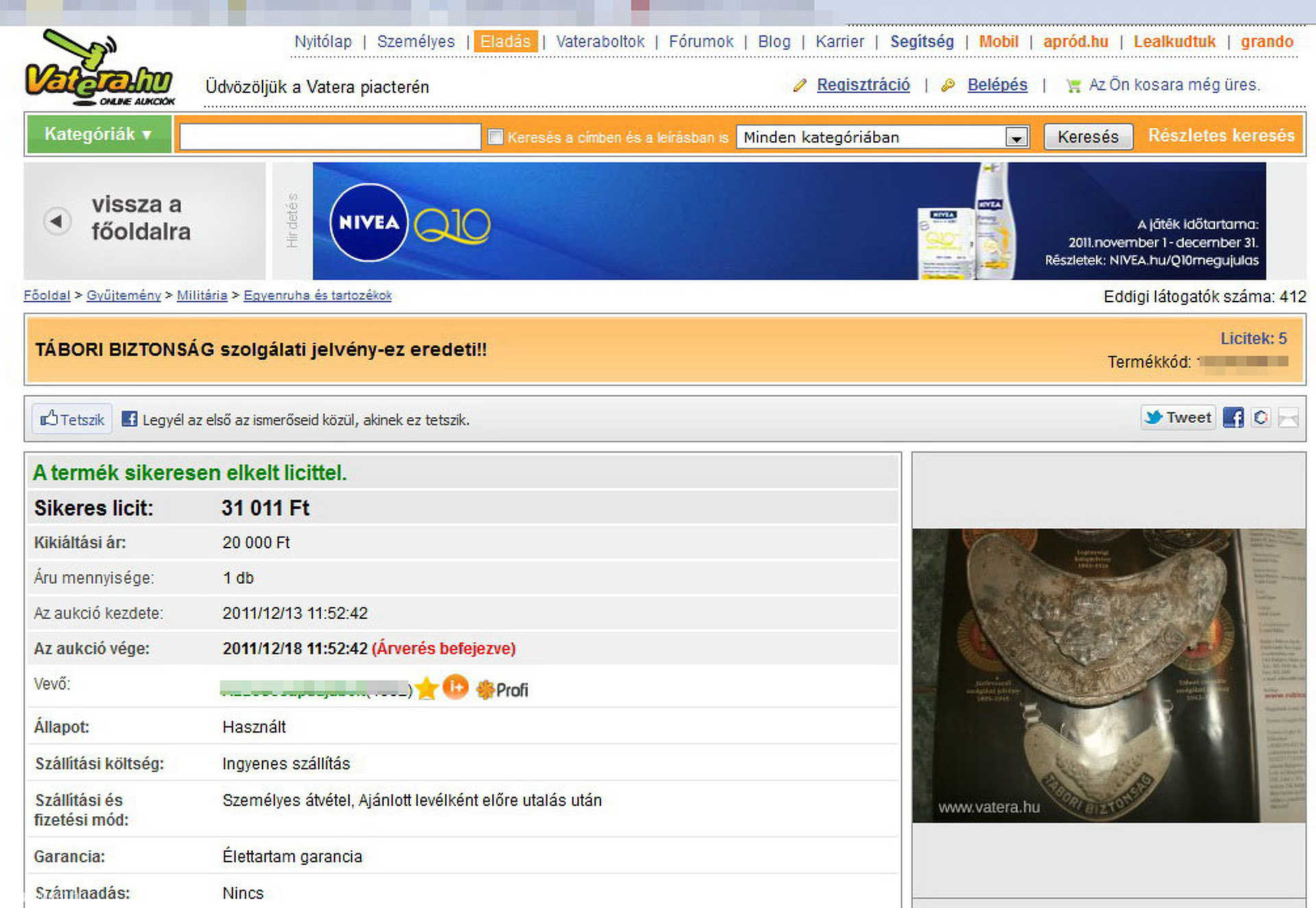 Internetes aukción kelt el az ismeretlen halott katona jelvénye